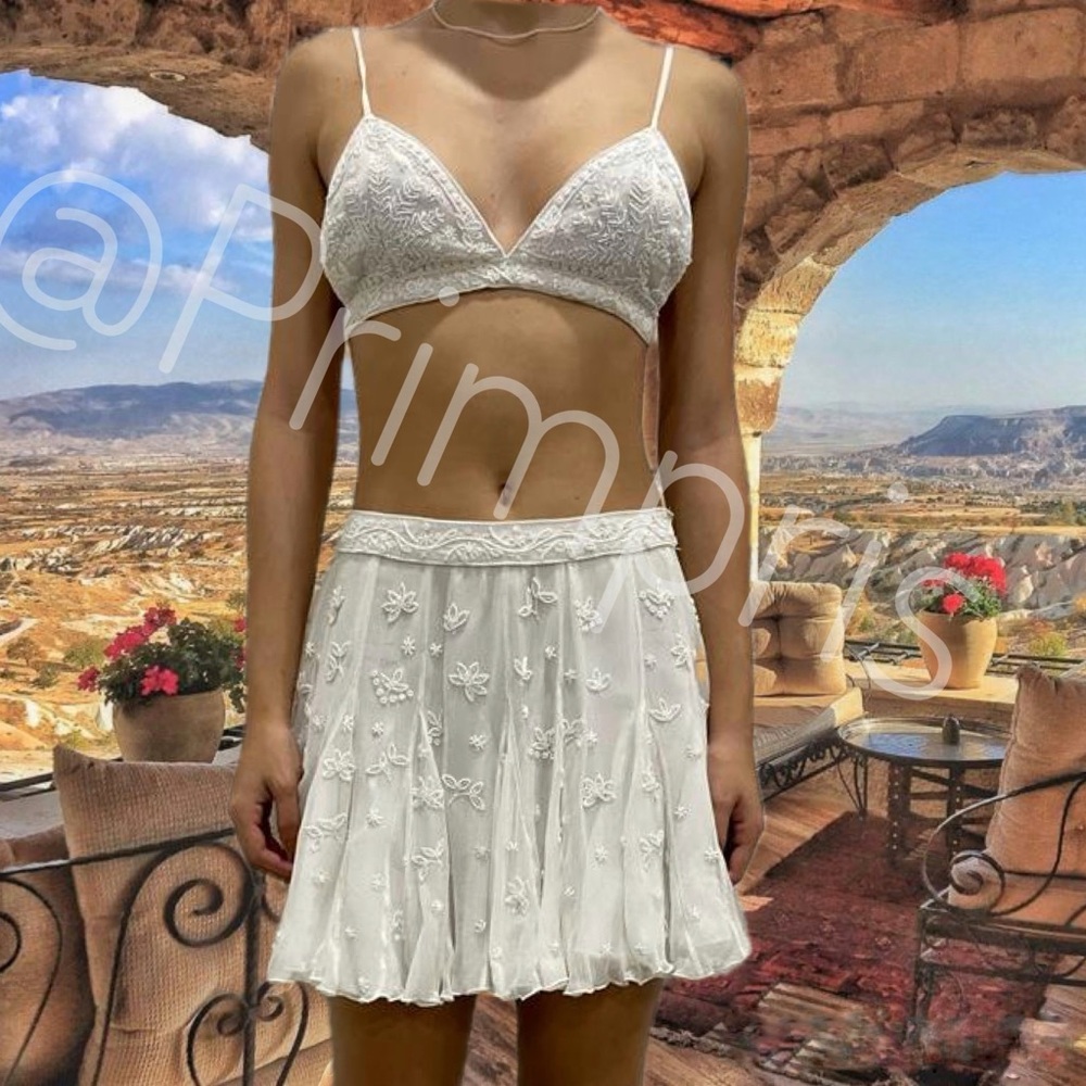 Rococo Sand Celia Pearl Chiffon Beaded Bralette and Mini Skirt Set NWT